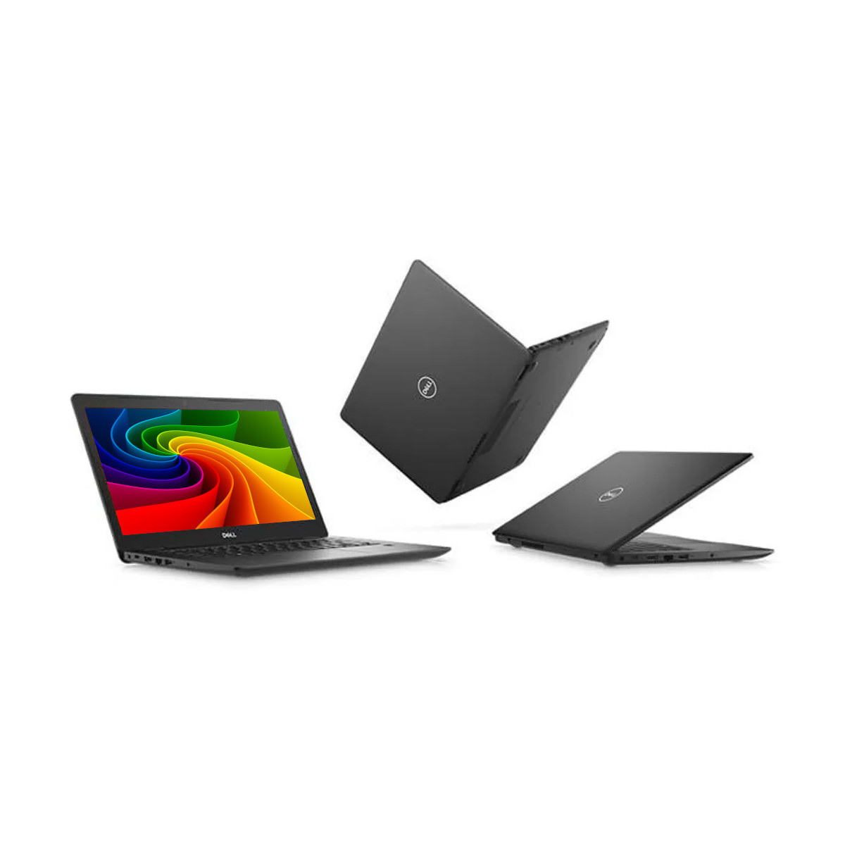 Drei schwarze Dell-Laptops auf weißem Hintergrund. Einer ist geöffnet mit bunter Anzeige.