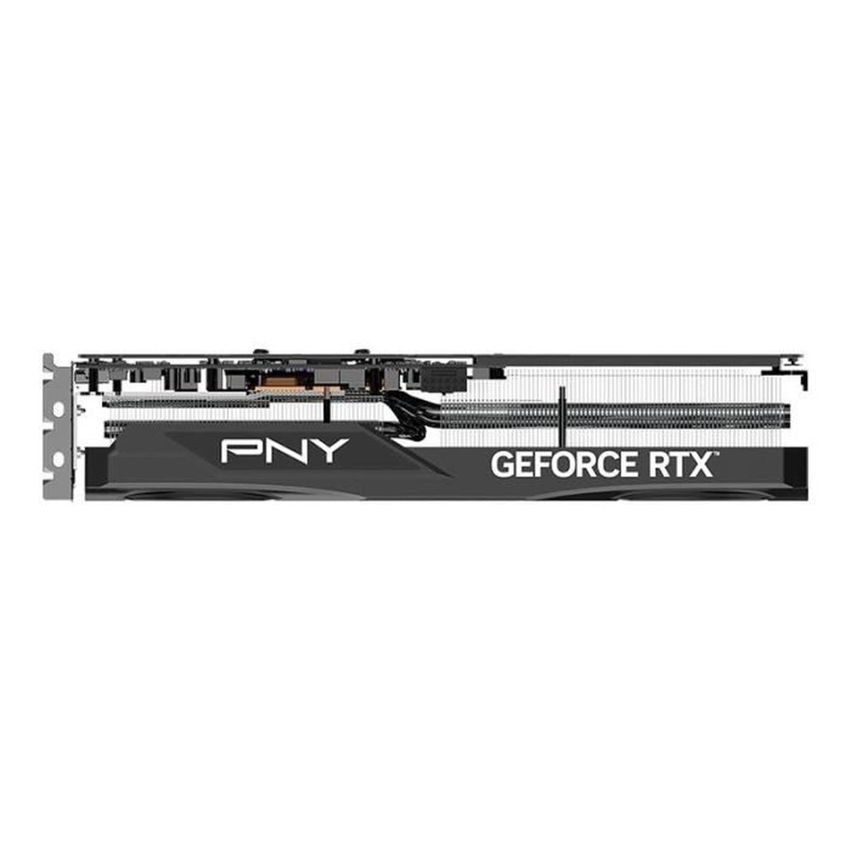 A black PNY GeForce RTX graphics card with fans and ports.
