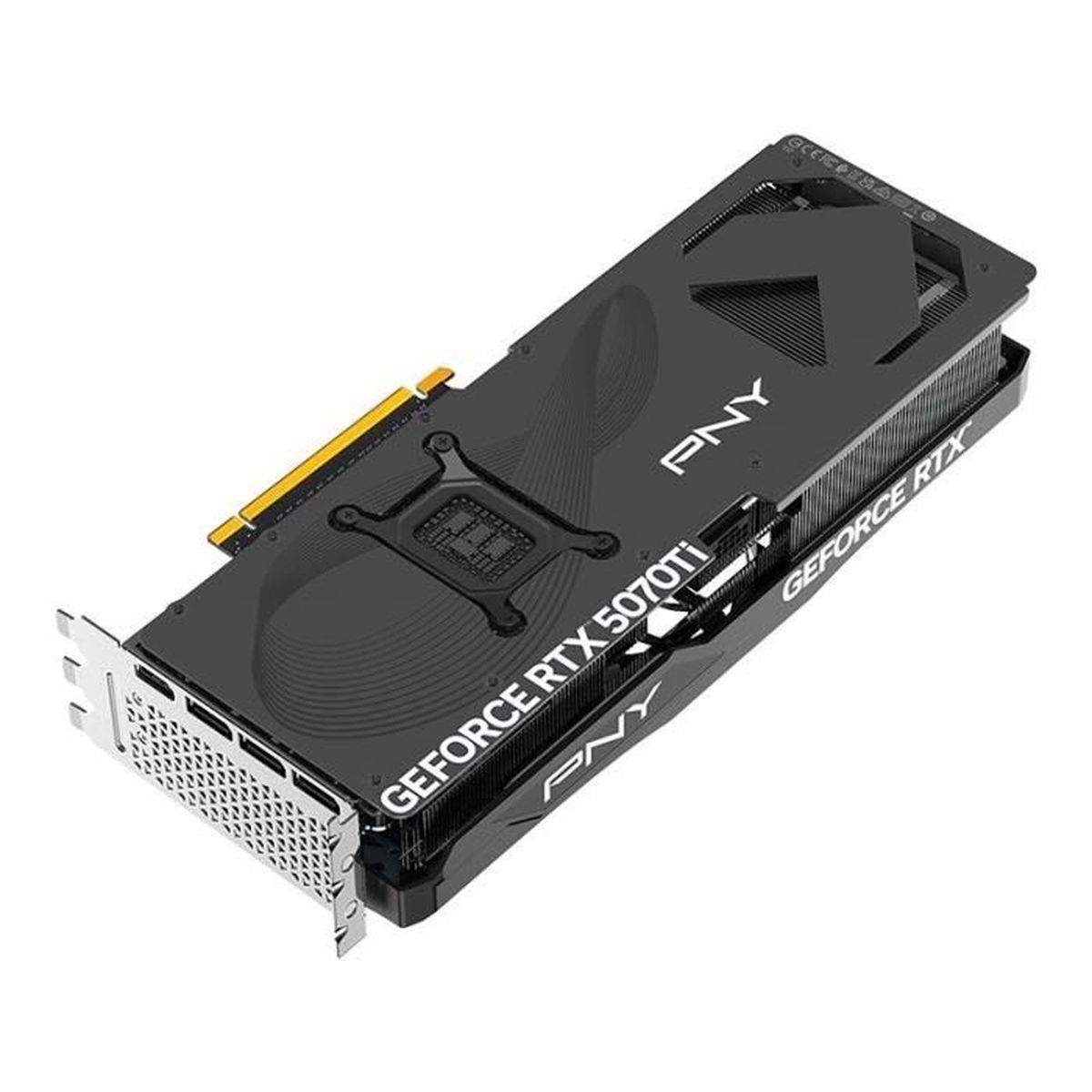 Black PNY GeForce RTX 5070Ti graphics card with fans and ports on a white background.
