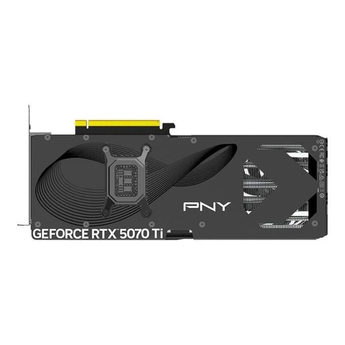 PNY GeForce RTX 5070 Ti graphics card with black shroud and yellow connector.