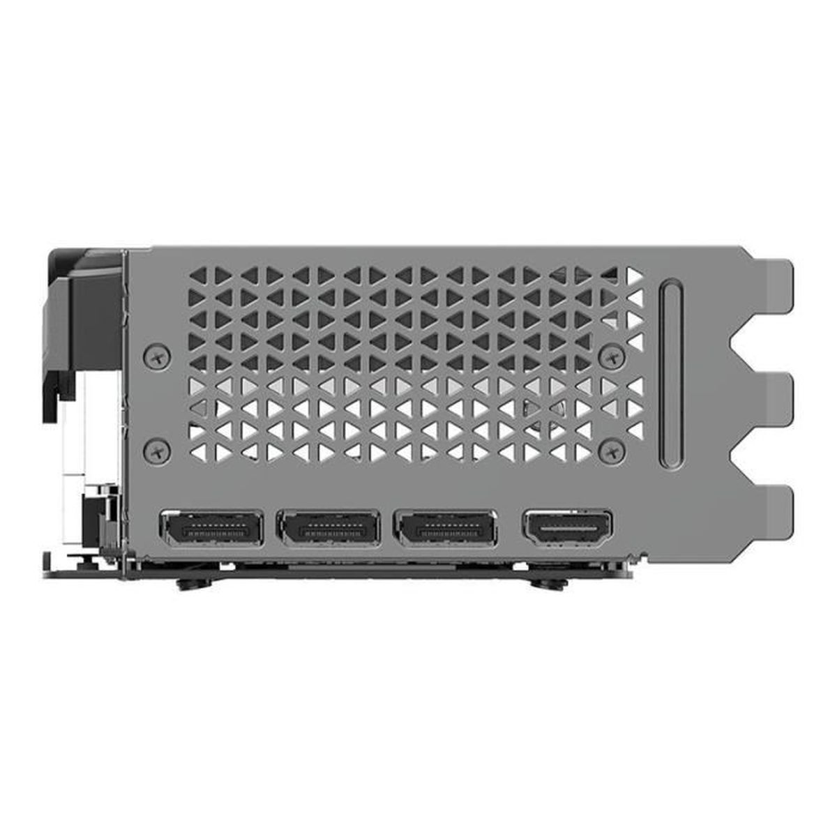 Graphics card with three DisplayPort and one HDMI port, silver colored.