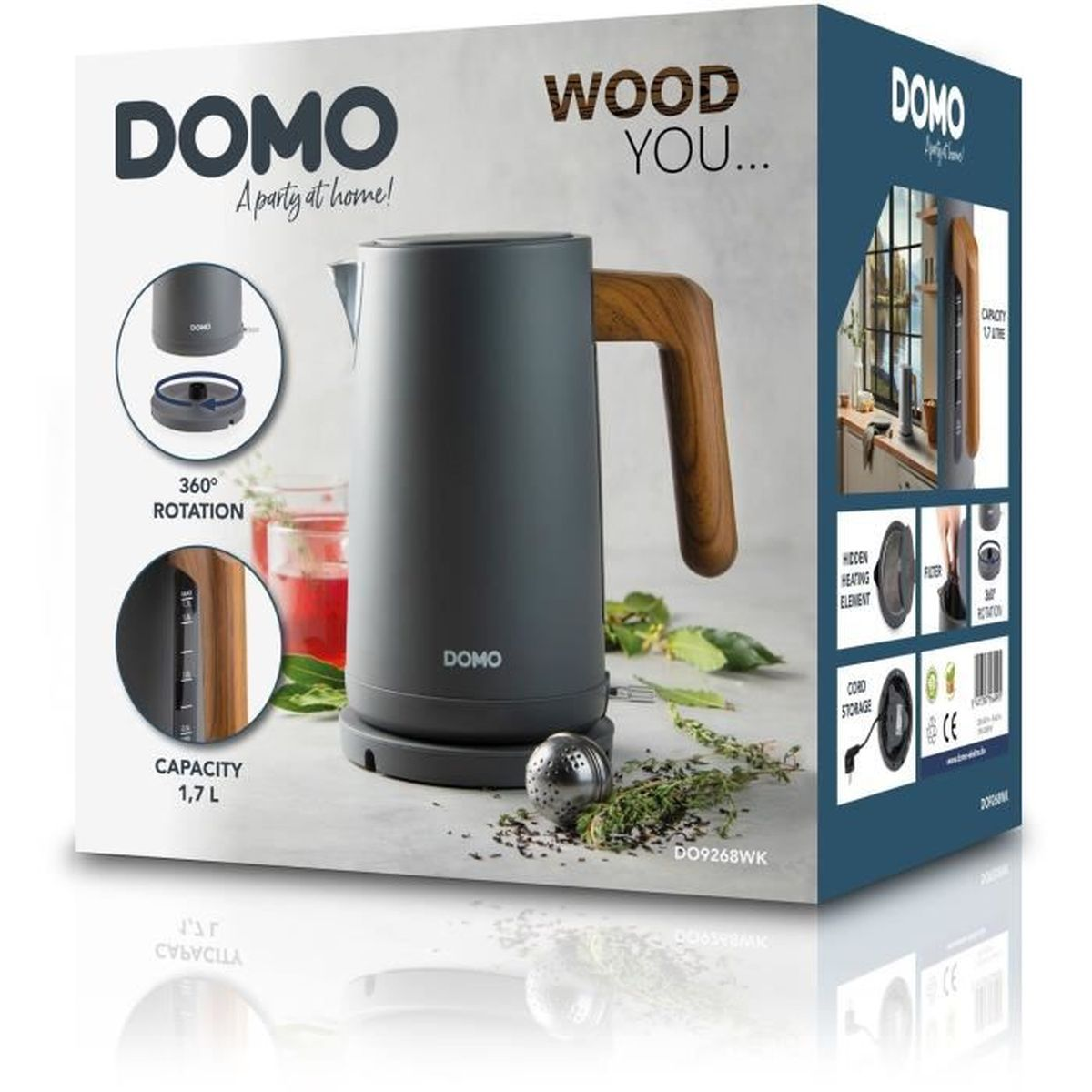 Grauer Wasserkocher mit Holzgriff, 1,7L Kapazität, auf einer Box mit Produktmerkmalen.