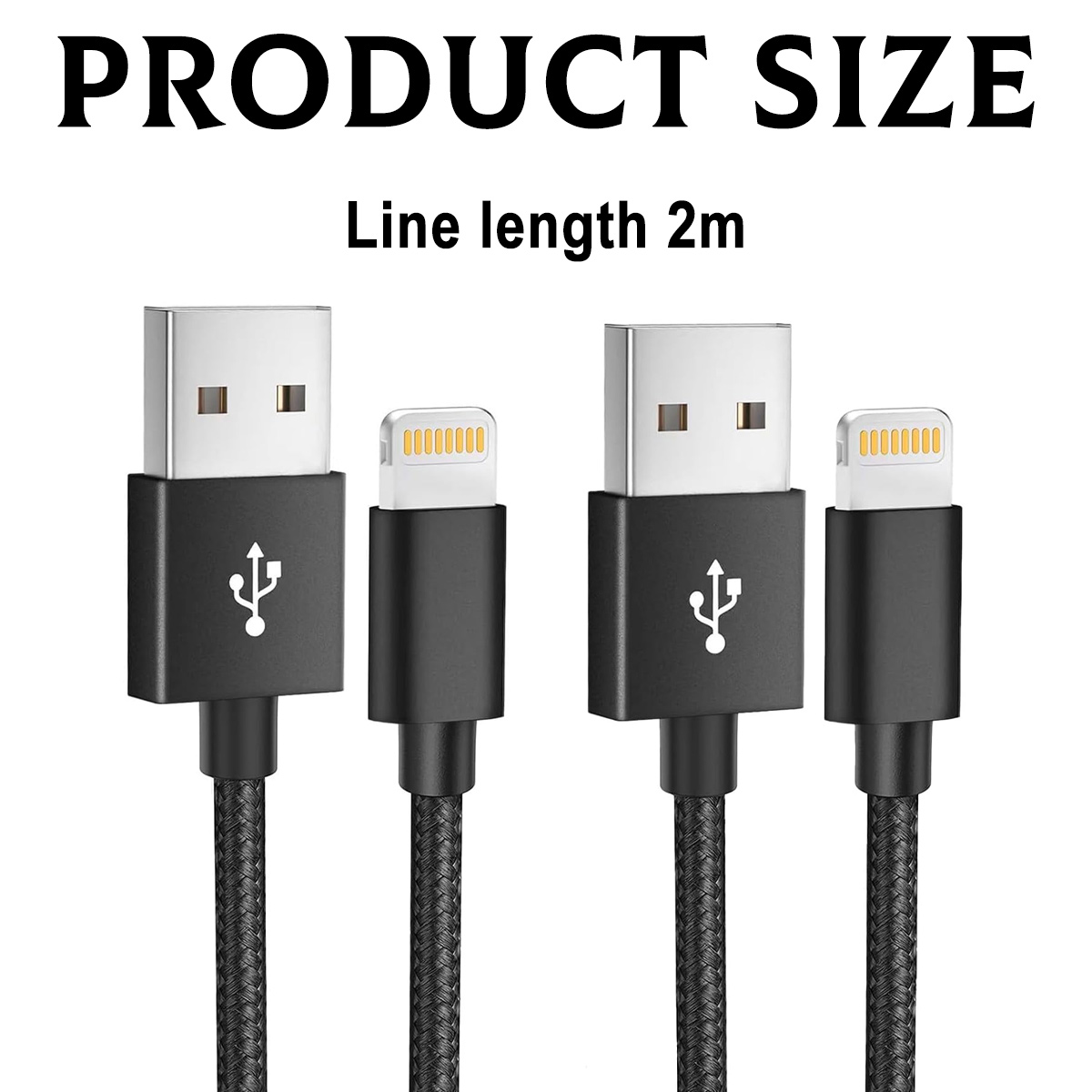 Zwei schwarze Kabel mit USB-A und Lightning-Anschlüssen. Text: Produktgröße.