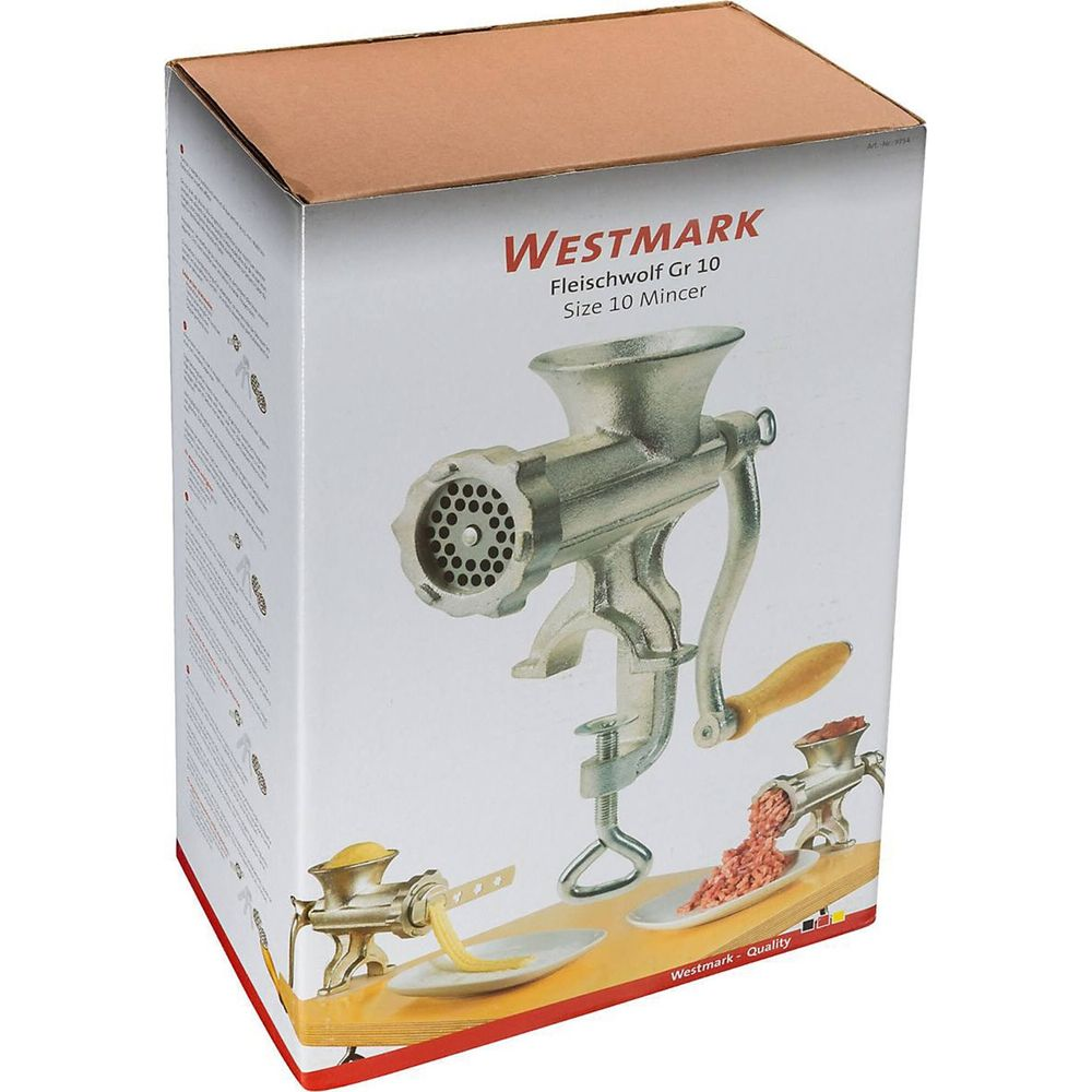 Scatola con tritacarne Westmark misura 10, accessori e carne macinata.