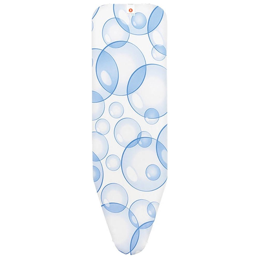 Housse de table à repasser avec motif de bulles bleues sur fond blanc.