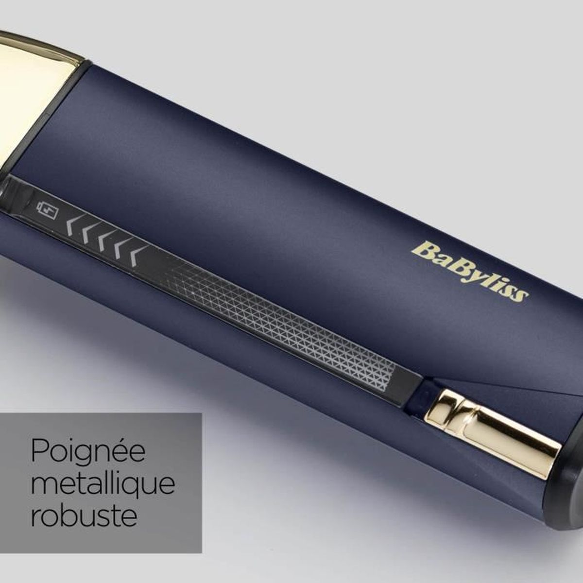 Dark blue hair straightener with gold accents and BaByliss logo.