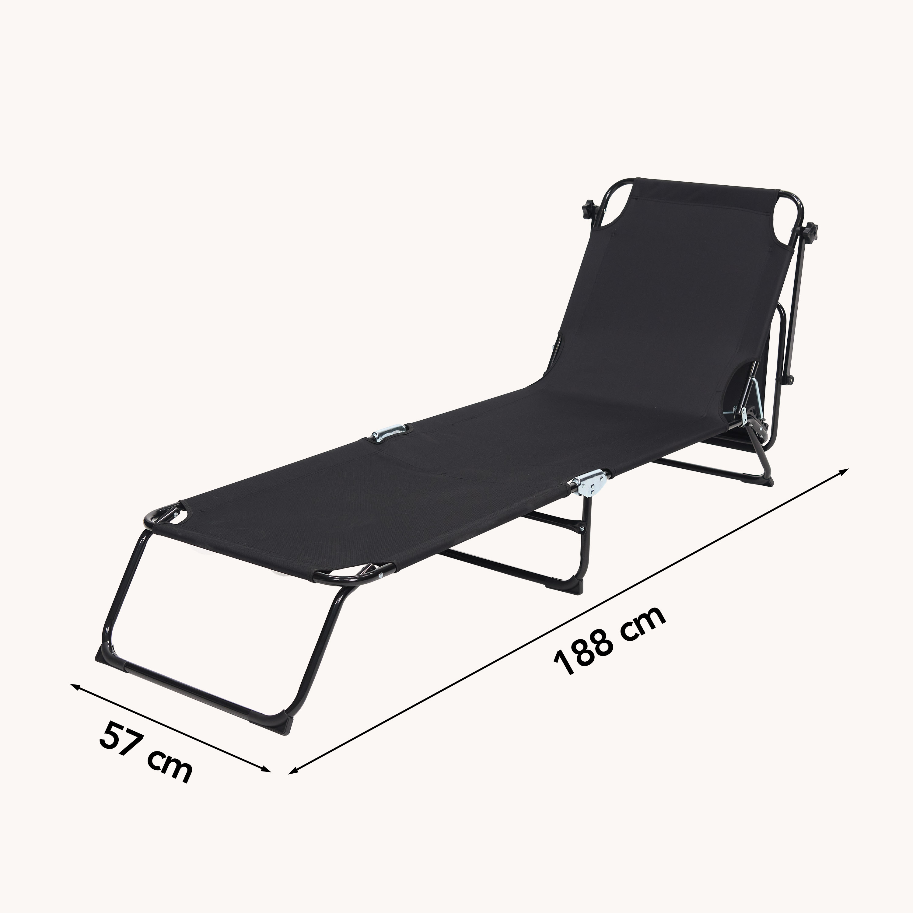 Zwarte opvouwbare ligstoel met metalen frame, 188 cm lang en 57 cm breed.