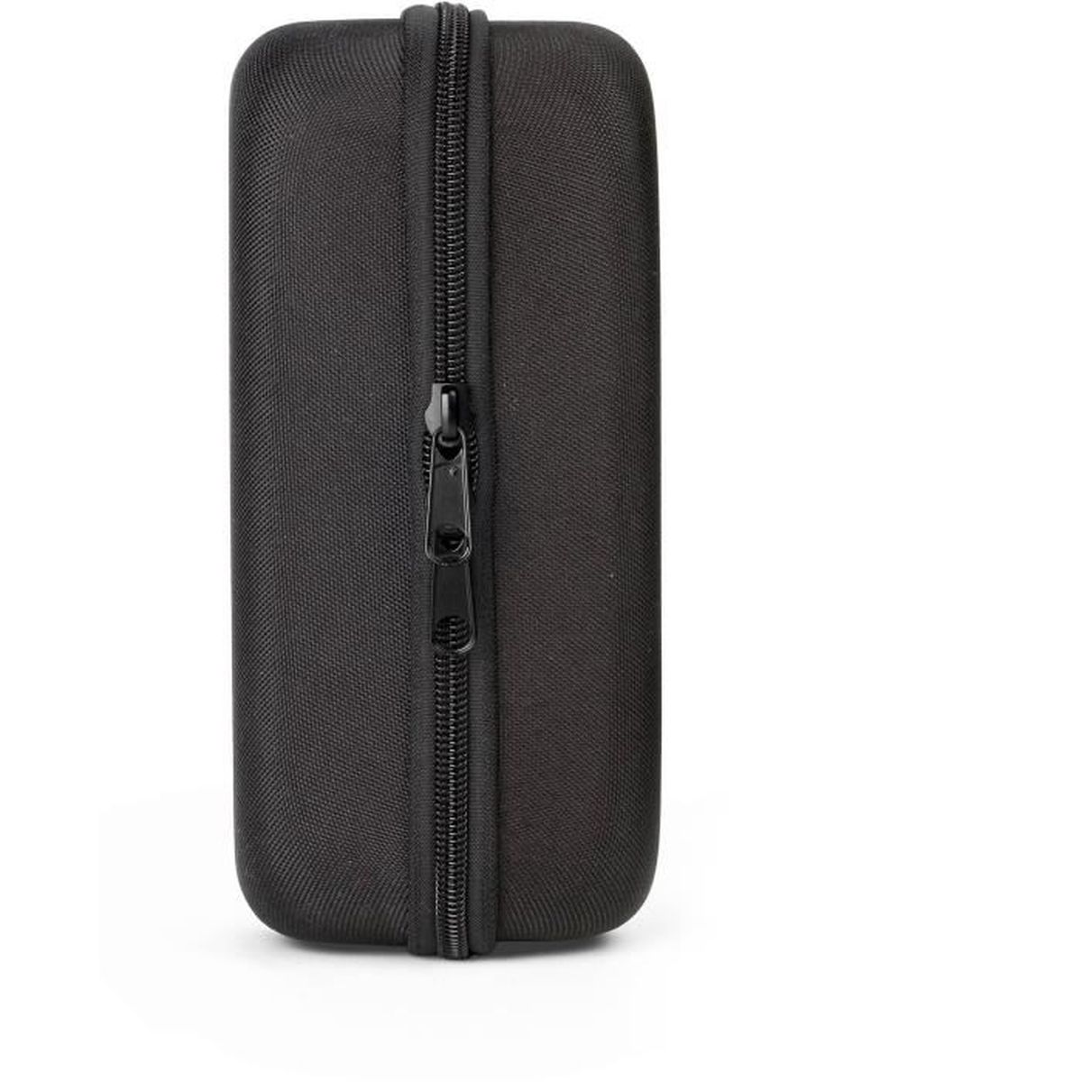 A black zippered case on a white background.
