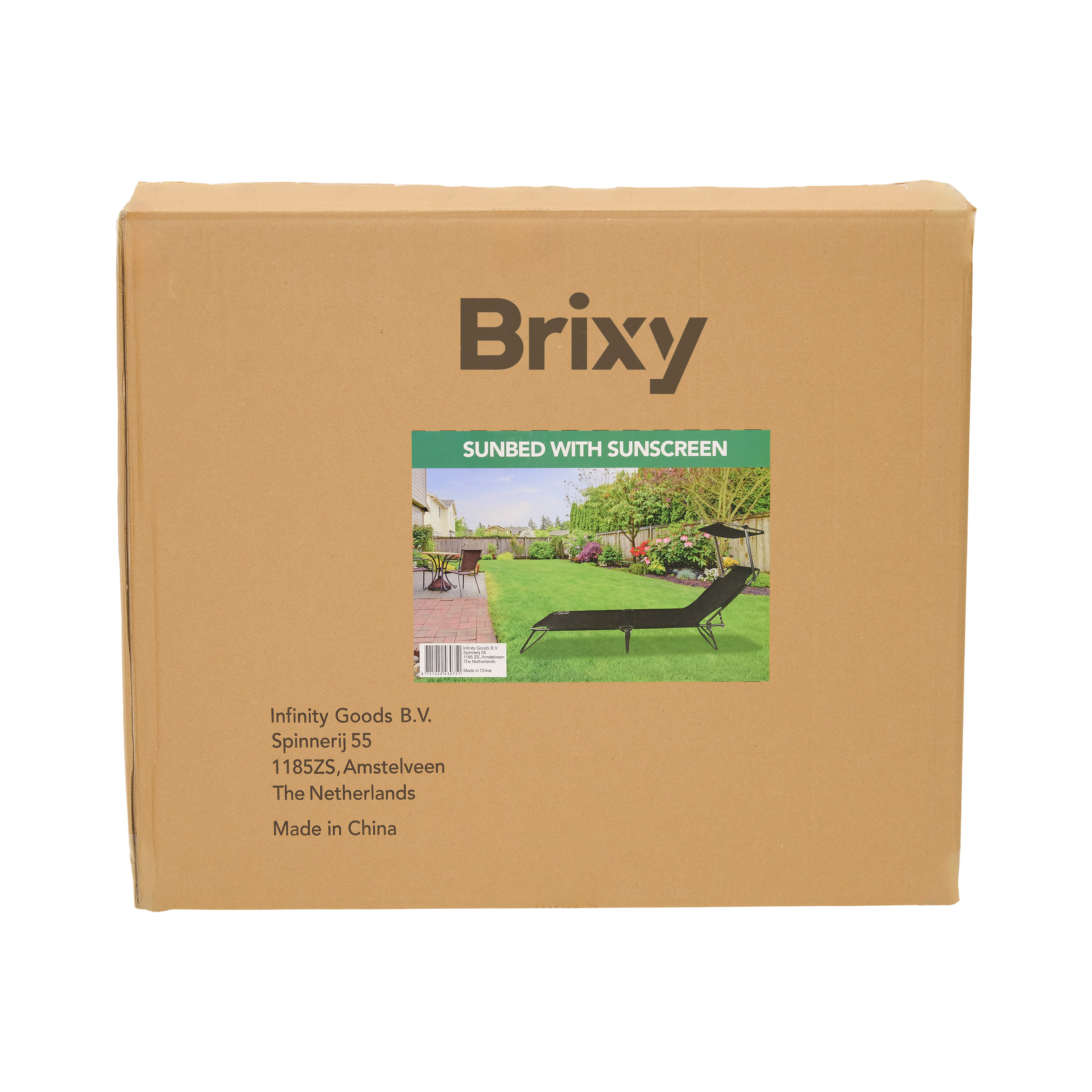 Bruine kartonnen doos met Brixy logo en afbeelding zonnebed.