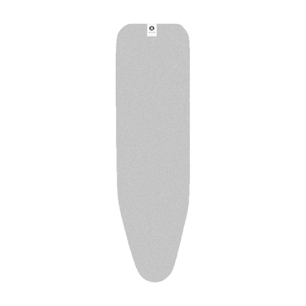 Housse de planche à repasser grise avec une extrémité arrondie et un petit logo.