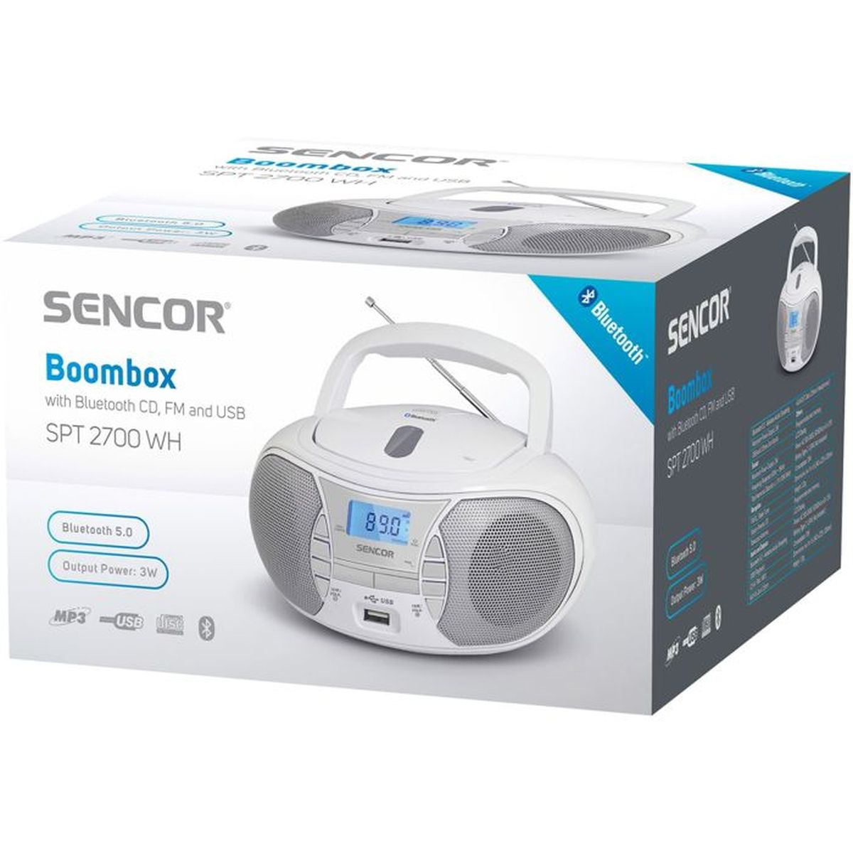 Ein weißer SENCOR Boombox mit Bluetooth, CD, FM und USB ist auf seiner Verpackung abgebildet.