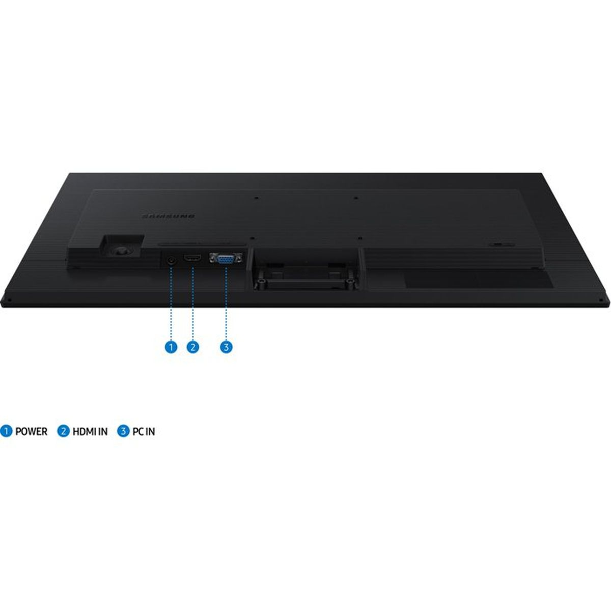 Tył czarnego monitora Samsung pokazujący porty zasilania, HDMI i VGA.