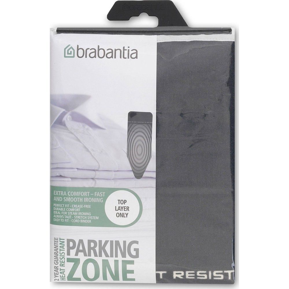 Housse de planche à repasser Brabantia avec motif et texte.