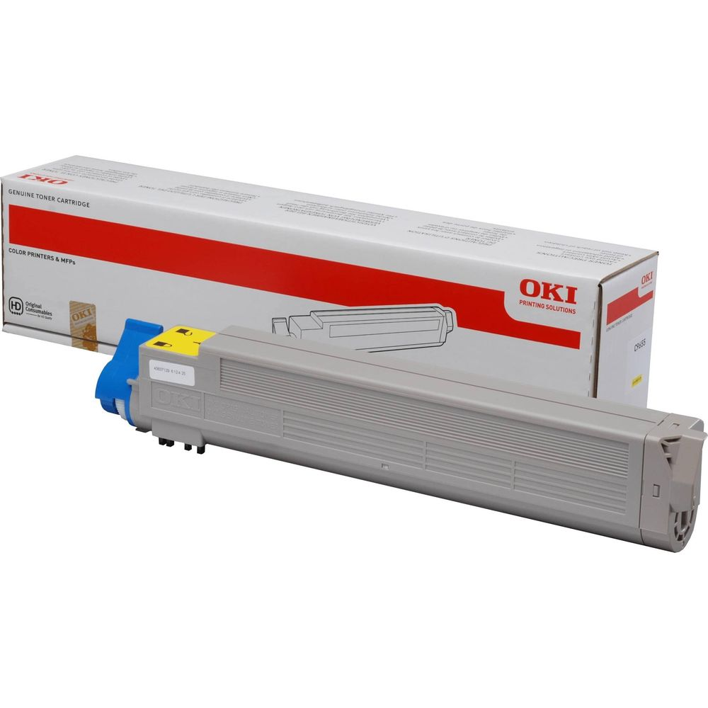 Szara kaseta z tonerem OKI z niebieskimi i żółtymi złączami obok pudełka.