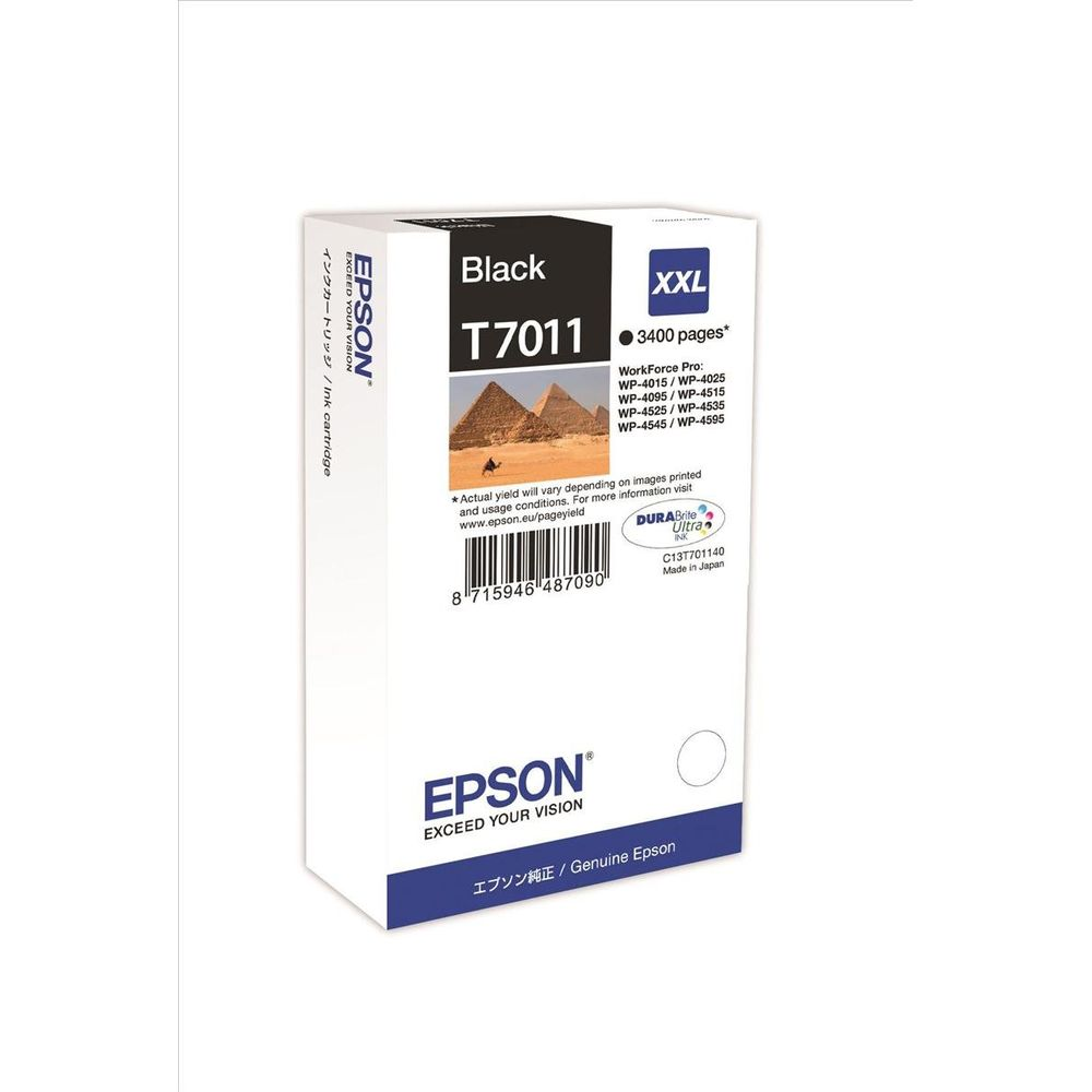 Czarny tusz Epson T7011 XXL z obrazkiem piramid. Zawiera info o drukarce.