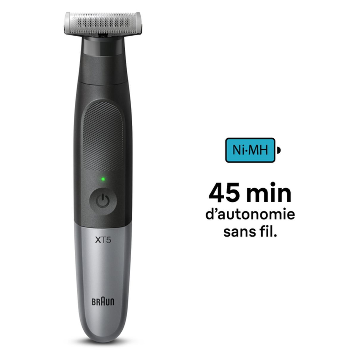 Ein schwarzer und silberner Braun Trimmer mit Ni-MH-Akku und 45 Min. Akkulaufzeit.