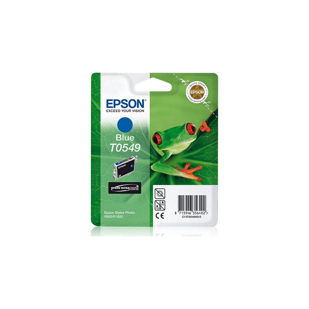 Encre Epson bleue T0549 avec grenouille sur emballage.