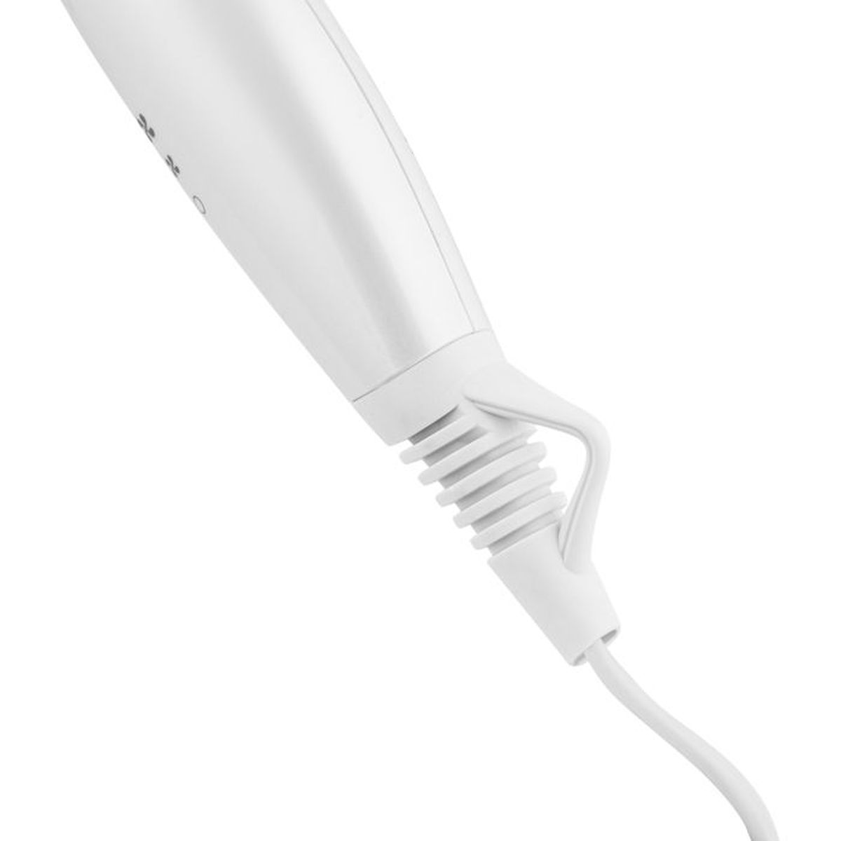 Zbliżenie białej suszarki do włosów, widoczny kabel i przyciski.