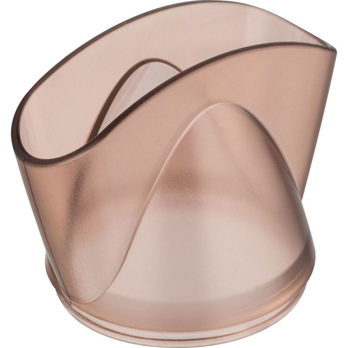 Półprzezroczysta, różowo-złota dysza suszarki do włosów o zakrzywionych kształtach.