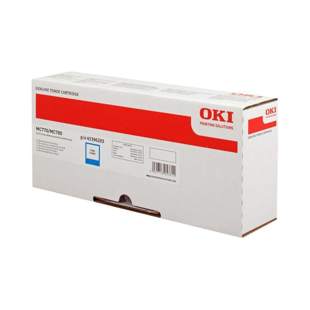 Białe pudełko kartridża z tonerem OKI z czerwonymi i niebieskimi akcentami i szczegółami produktu.