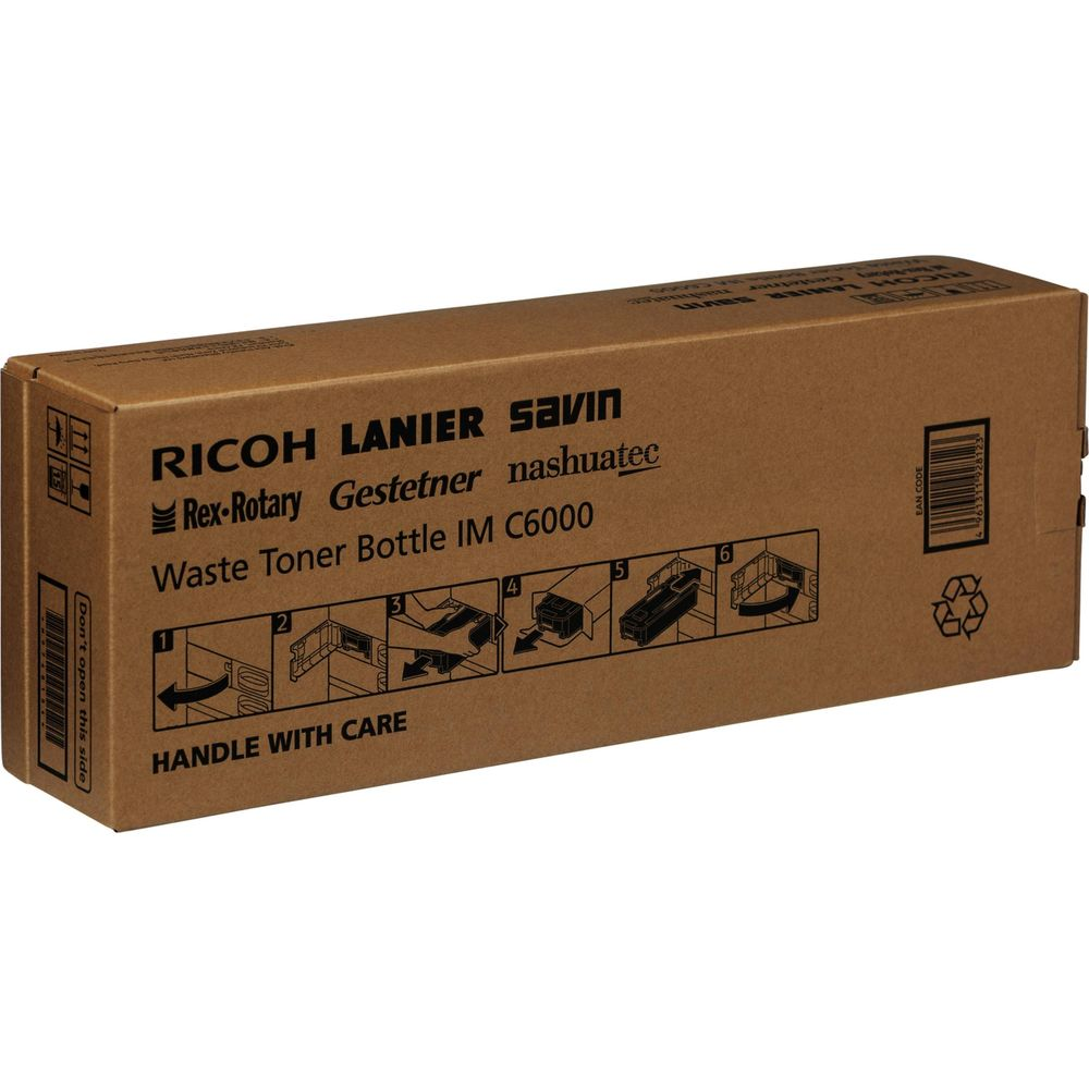 Pudełko na butelkę z tonerem odpadowym Ricoh Lanier Savin z instrukcjami.