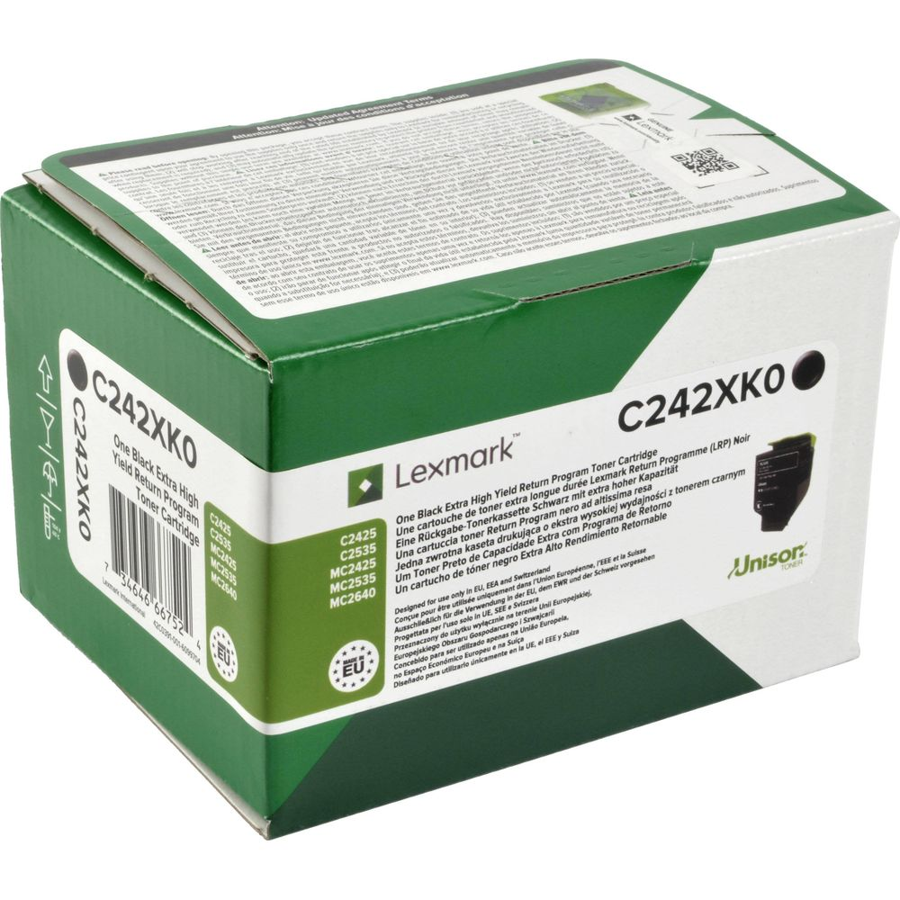 Czarny toner Lexmark C242XKO, wysoka wydajność, program zwrotu.
