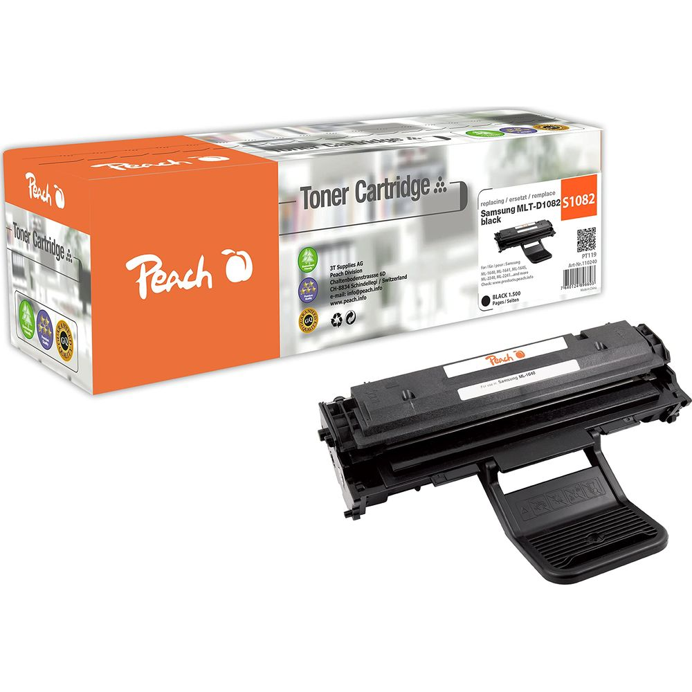 Cartuccia toner Peach per Samsung MLT-D1082 in nero, con scatola e cartuccia.
