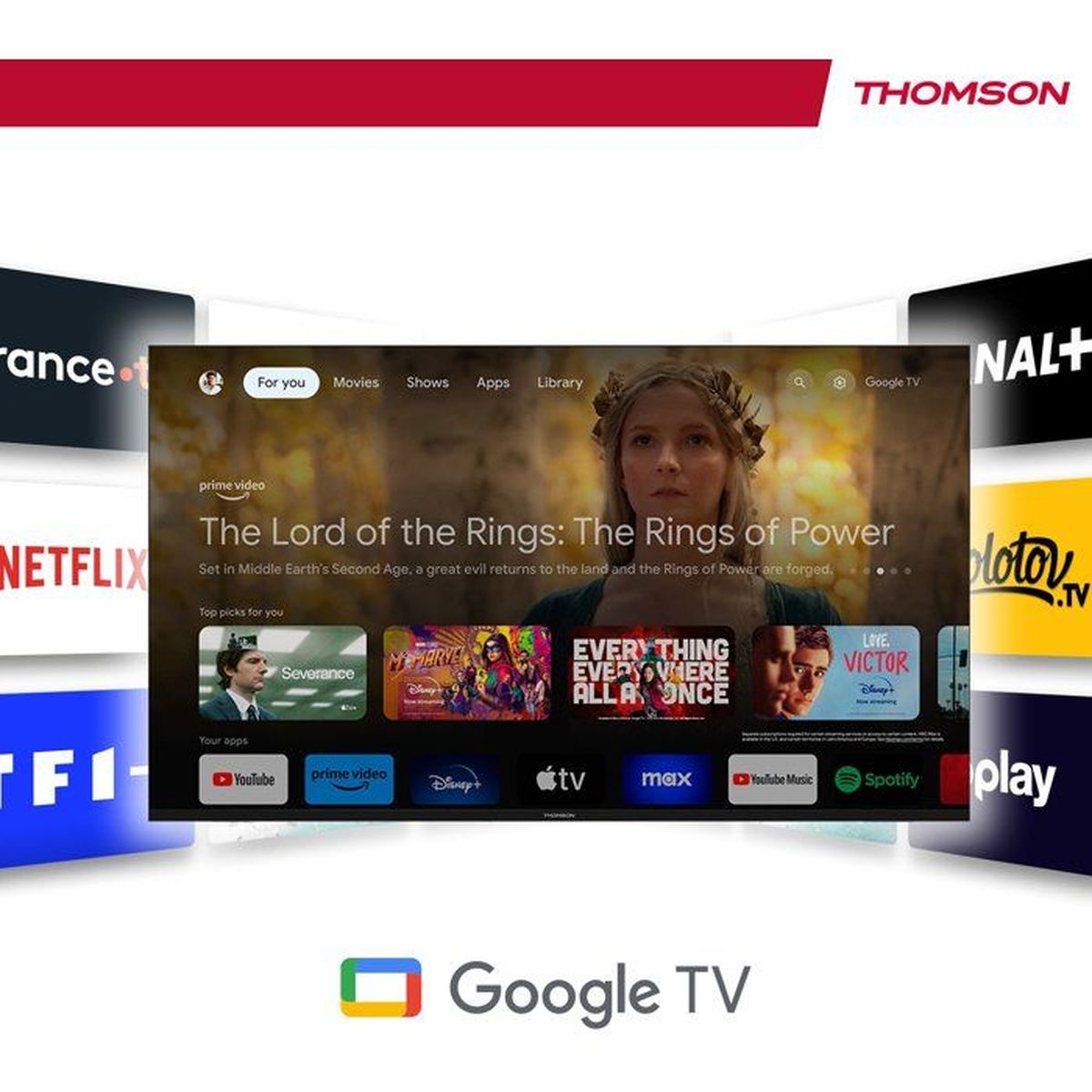 La interfaz de Google TV muestra 'El Señor de los Anillos' en un TV Thomson.
