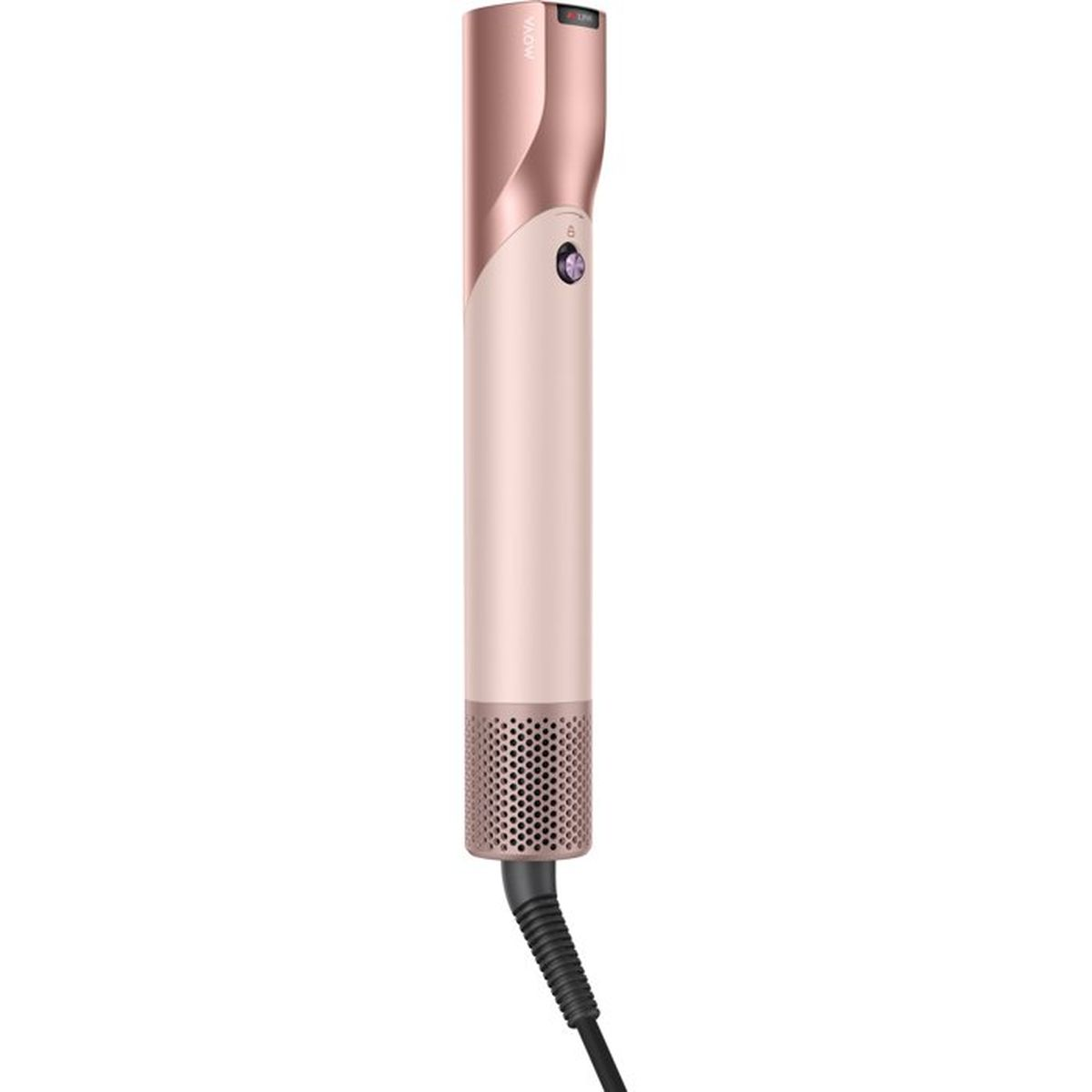 Suszarka do włosów w kolorze różowego złota z otworami wentylacyjnymi na dole i kablem.