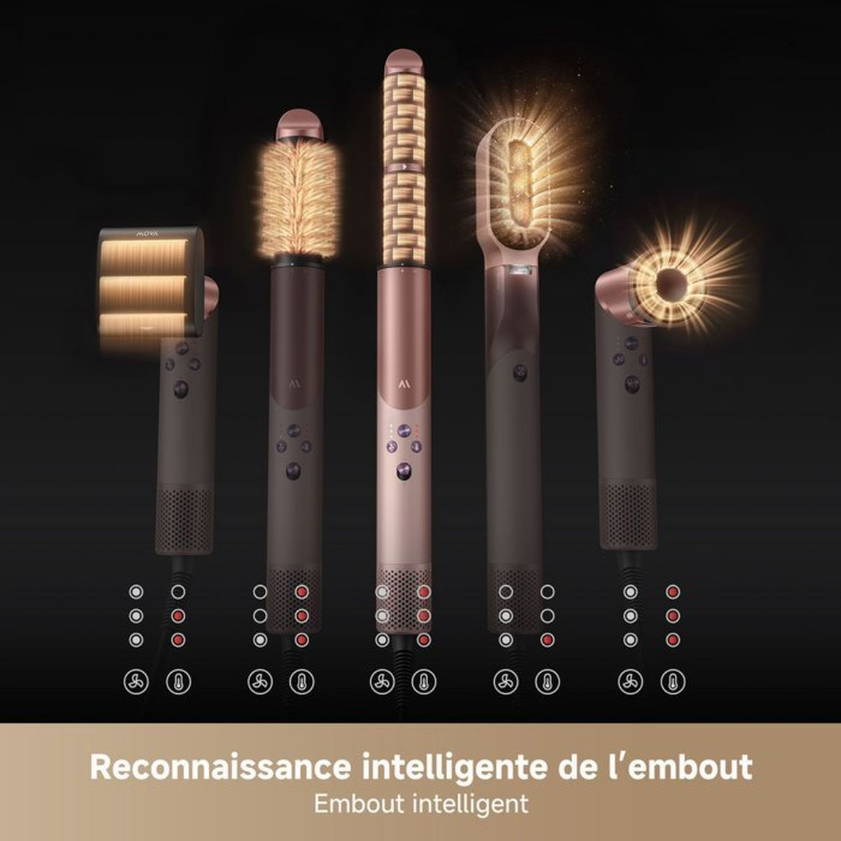 Pięć różnych końcówek do stylizacji włosów z różowozłotymi akcentami i światłami.