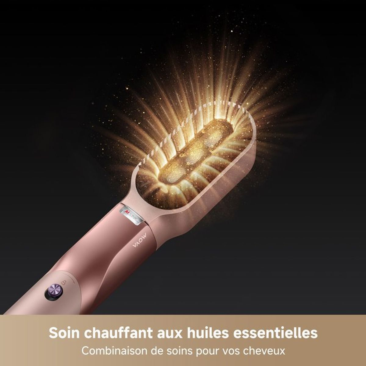 Różowo-złota szczotka do włosów emitująca świetliste cząsteczki.