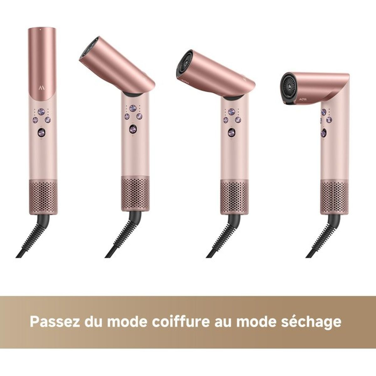 Cztery suszarki do włosów w kolorze różowego złota pod różnymi kątami na białym tle.