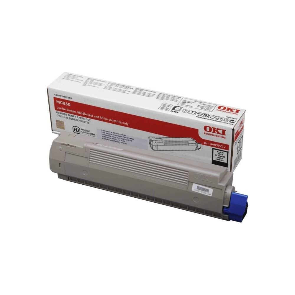 Szara kaseta z tonerem OKI MC860 z niebieskim złączem obok pudełka.