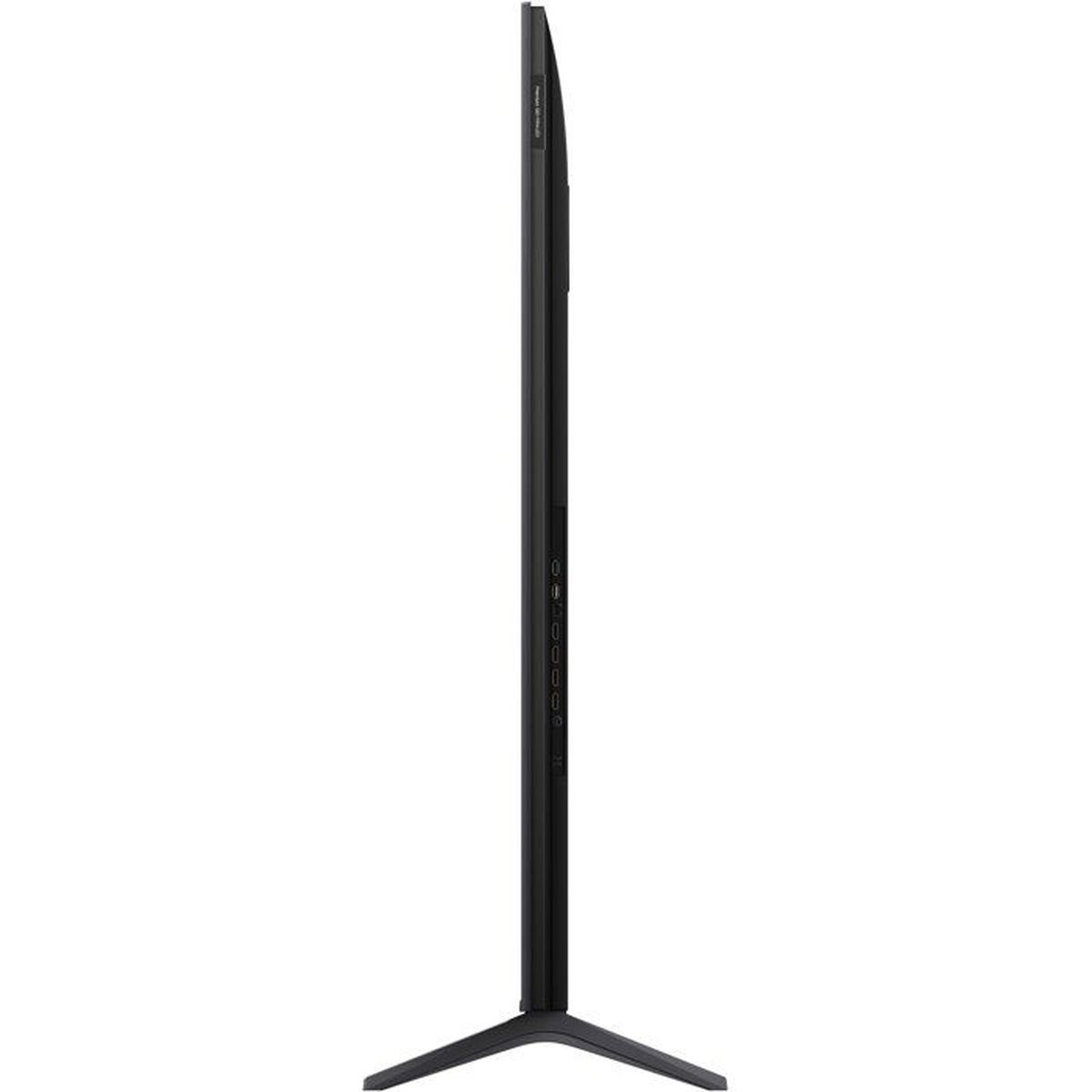 Widok z boku czarnego telewizora ze stojakiem i widocznymi portami.