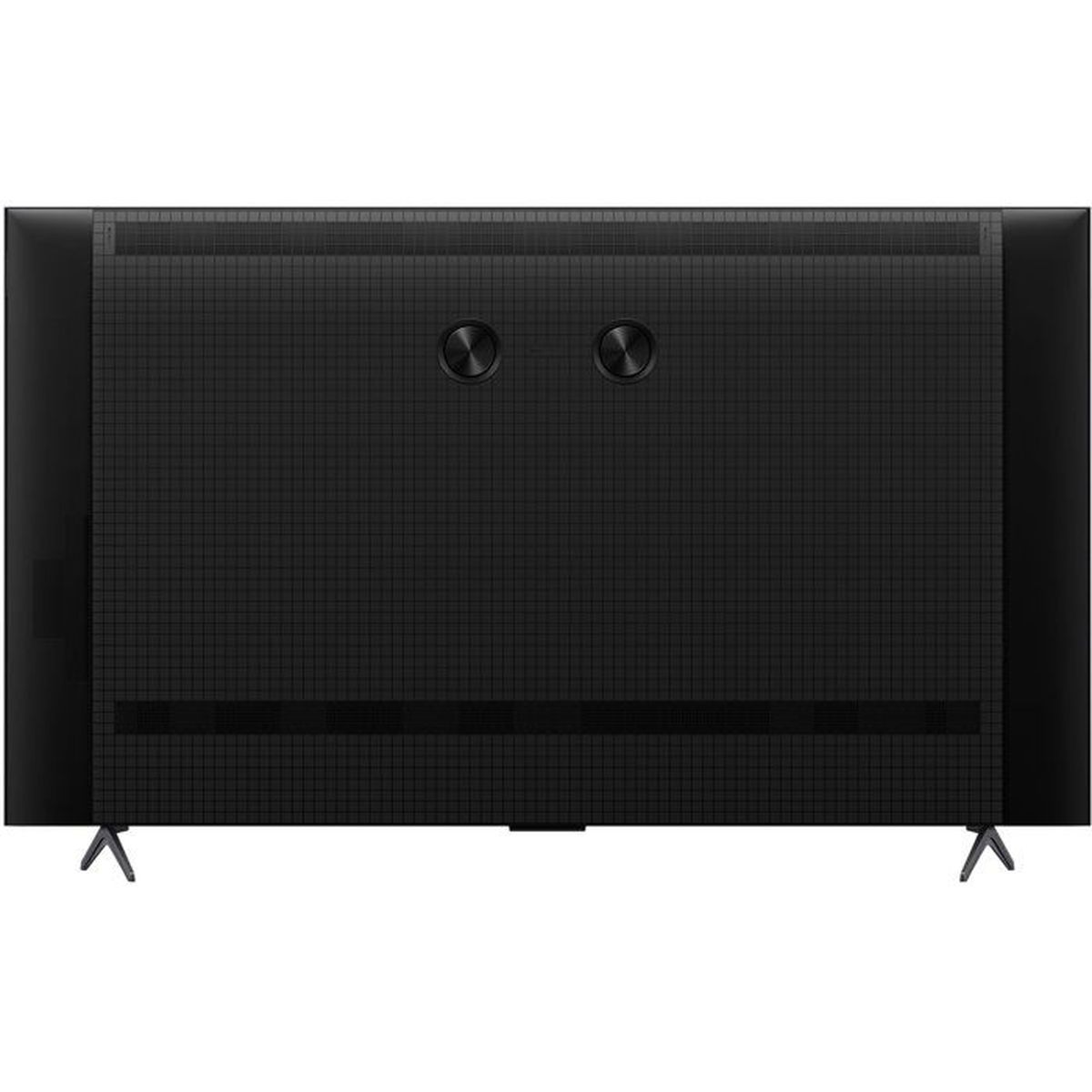 Tył czarnego telewizora z dwoma okrągłymi przyciskami i stopkami w kształcie litery V.