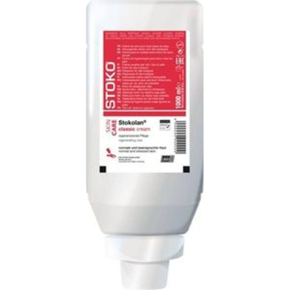 Een witte dispenser met een rood etiket voor Stoko Skin Care Stokolans Classic Cream.