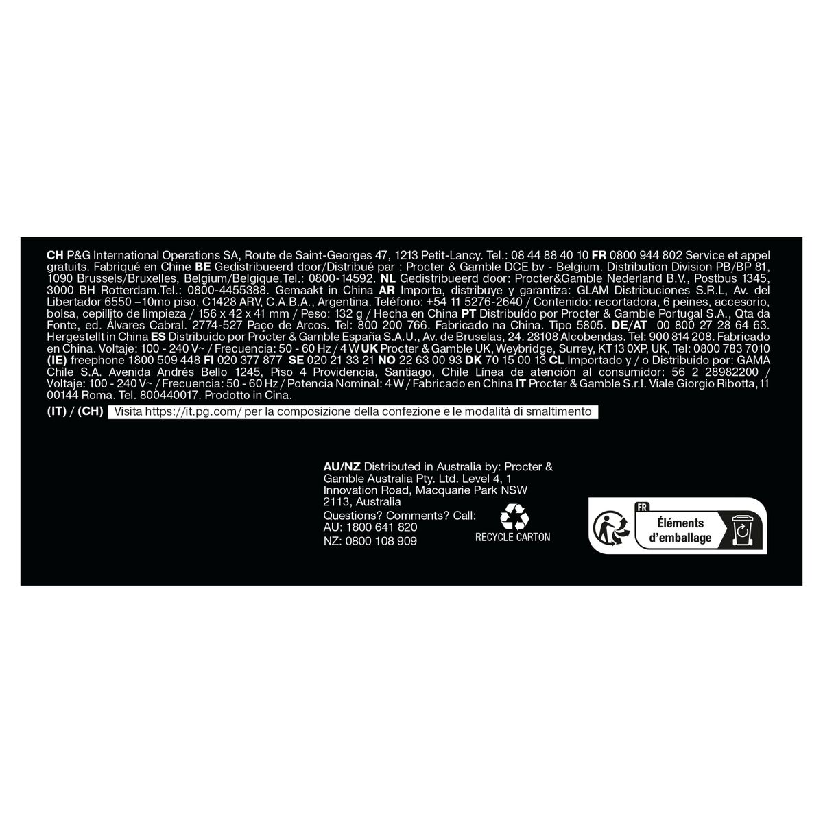 Produktinformationen für eine Haarschneidemaschine mit Zubehör.
