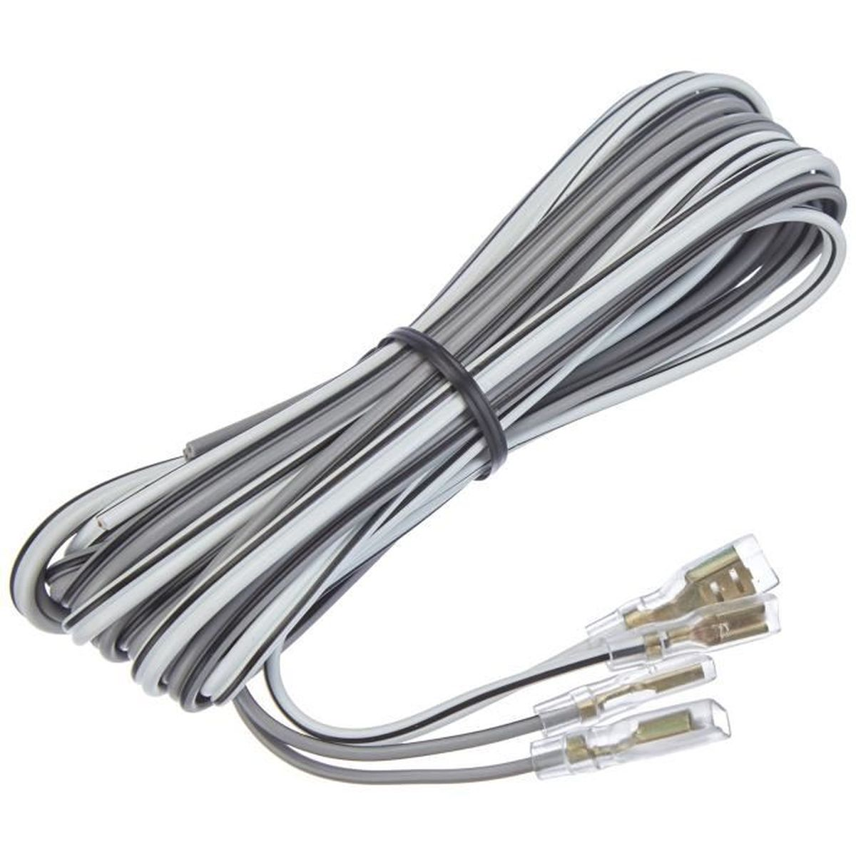 Ein gebündeltes Kabel mit grauen, weißen und schwarzen Drähten mit zwei Steckverbindern.