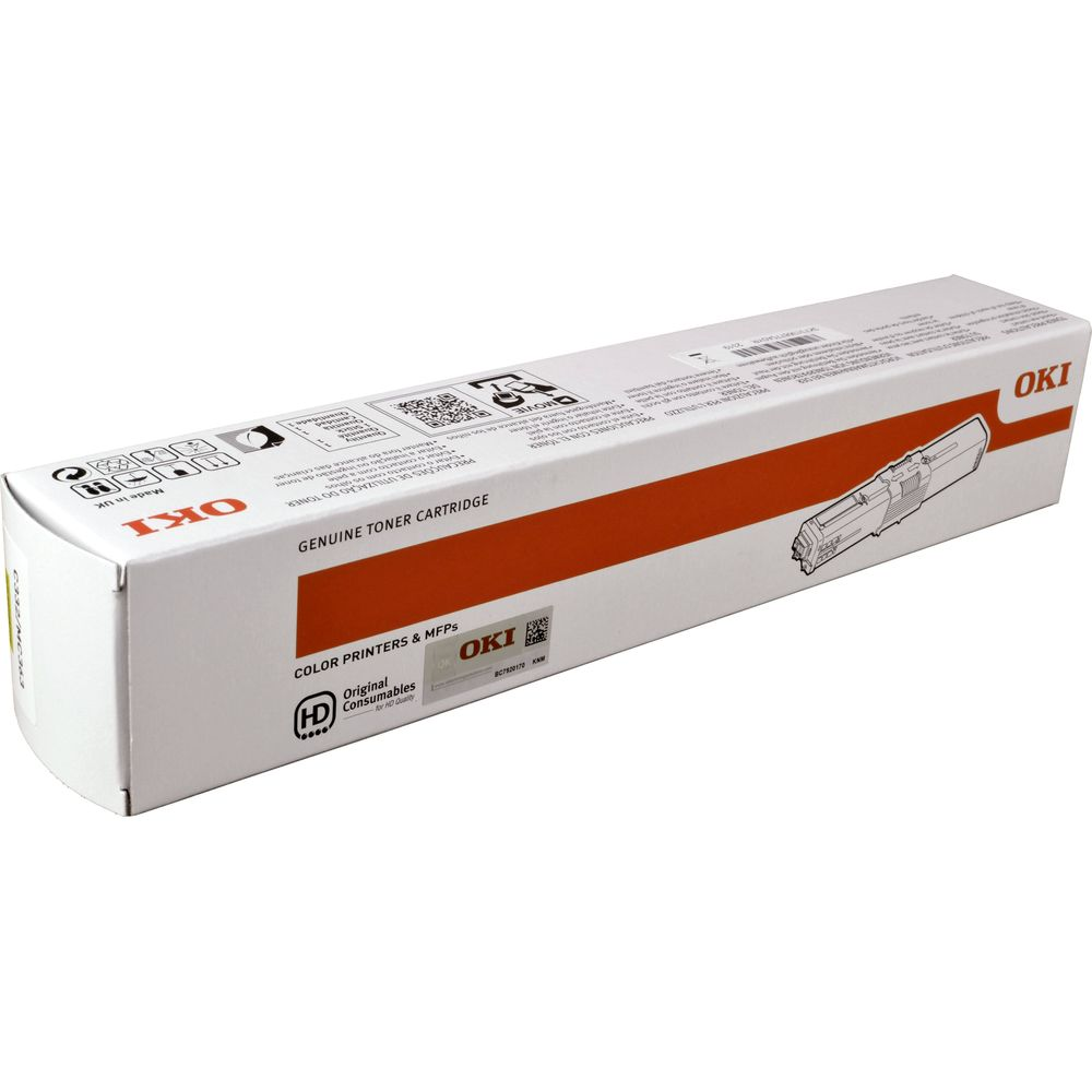 Toner OKI do drukarek kolorowych, białe pudełko z pomarańczowym paskiem.