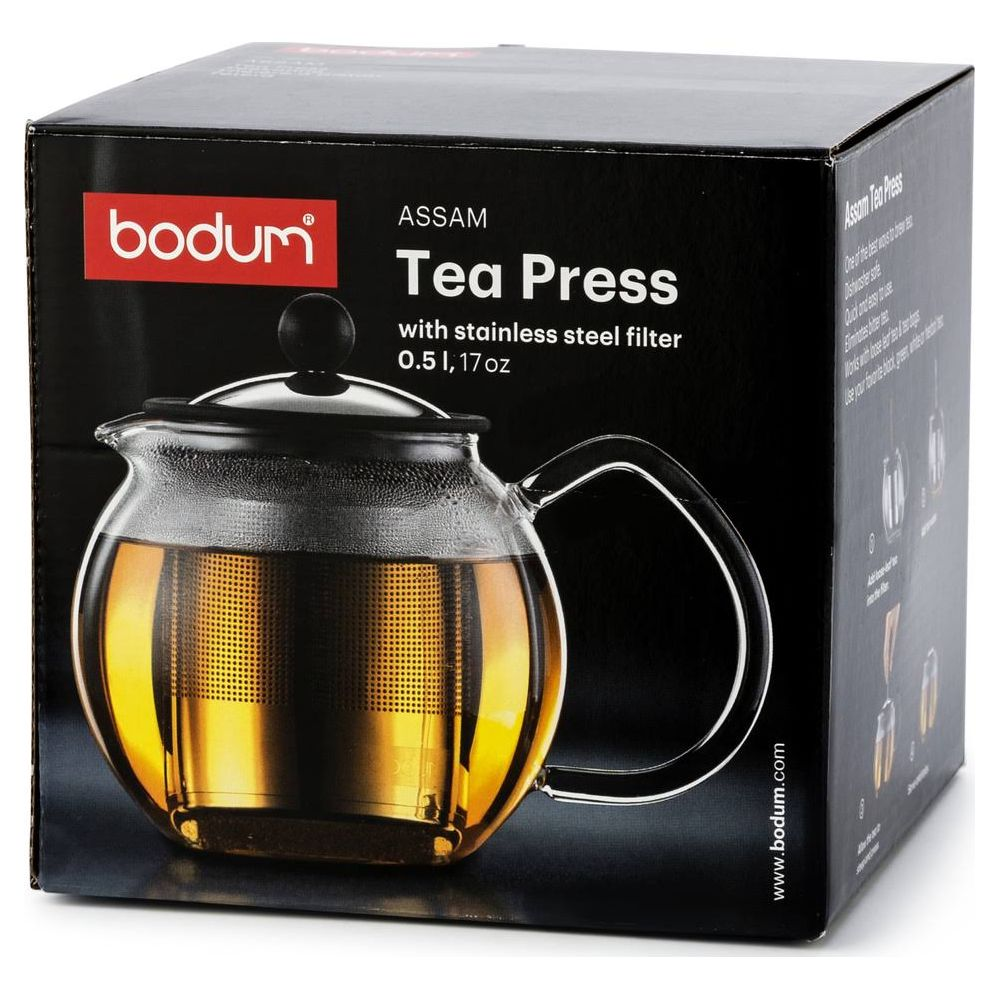 Bodum Assam Teepresse aus Glas mit Edelstahlsieb, 0,5 l. Schwarze Verpackung.