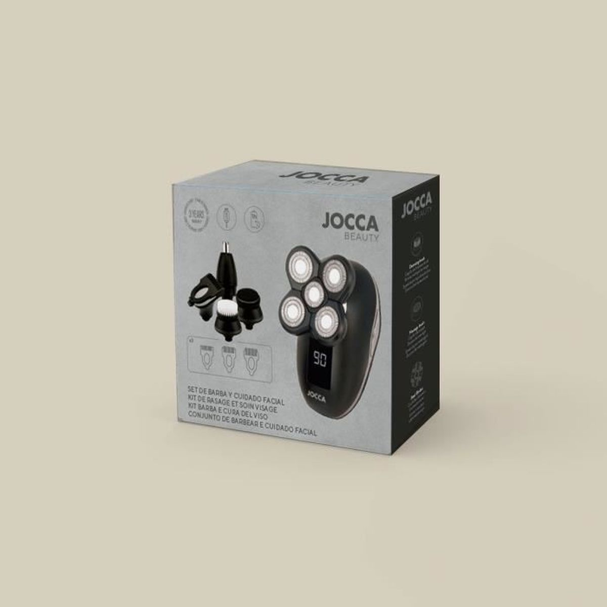 Caja de kit de barba y cuidado facial con afeitadora eléctrica negra.