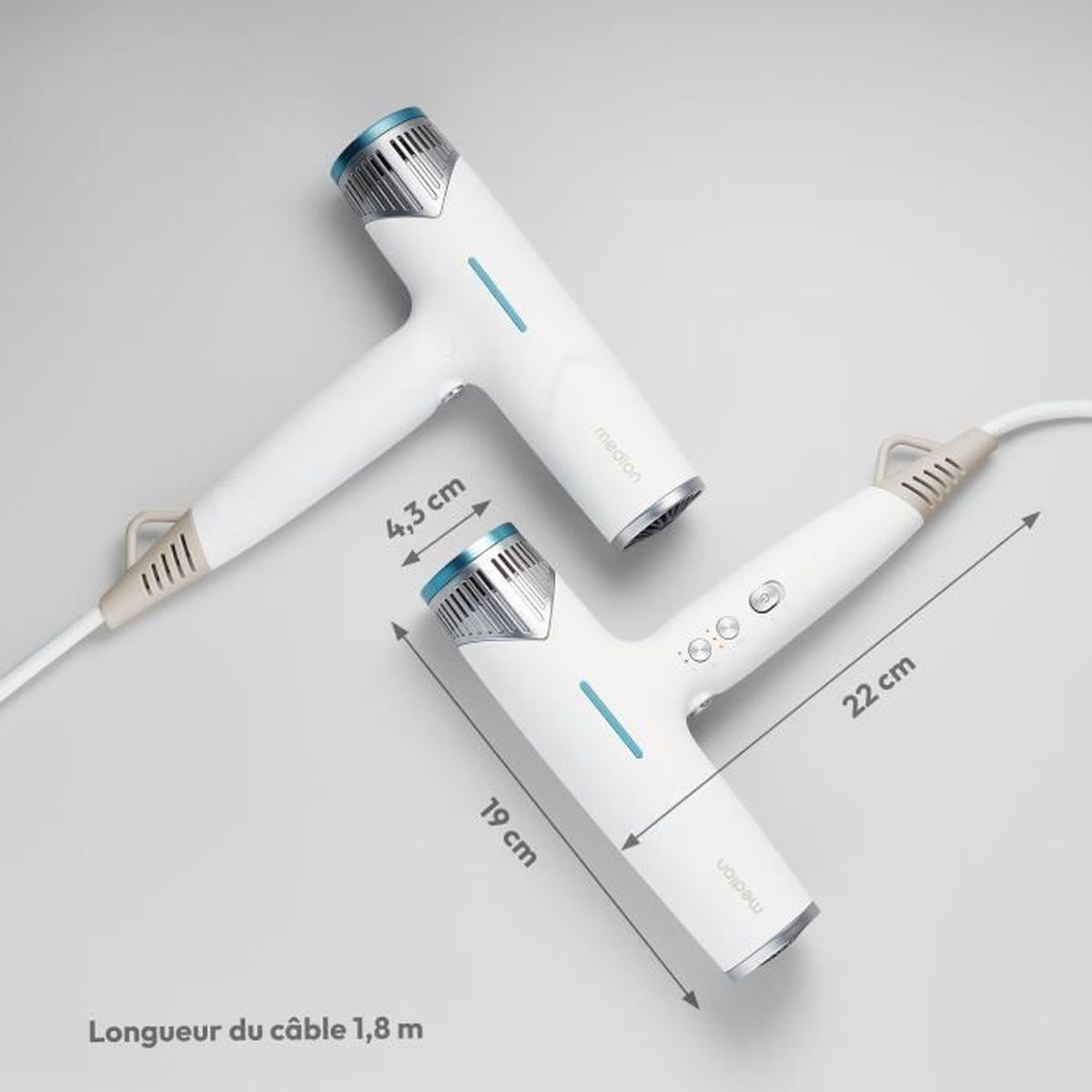 Dwa białe suszarki do włosów z niebieskimi akcentami i wymiarami. Kabel 1,8m.