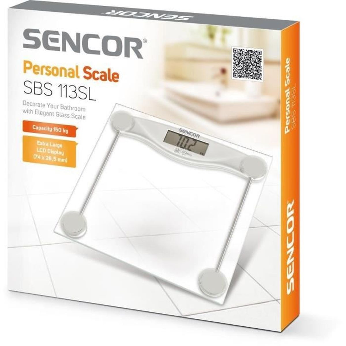SENCOR Personenwaage SBS 113SL, Glas, LCD-Display, 150kg Kapazität.