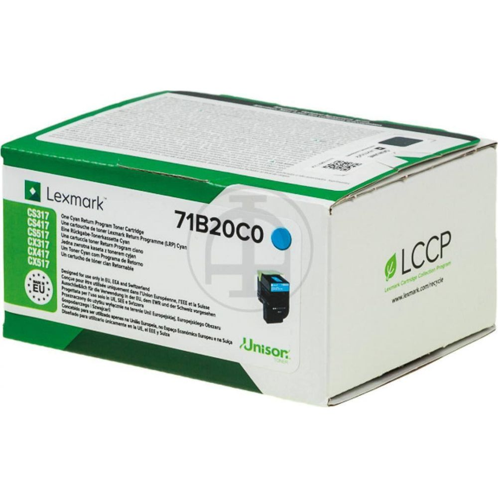 Karton z tonerem Lexmark Cyan 71B20C0 z logo LCCP i pieczęcią UE.