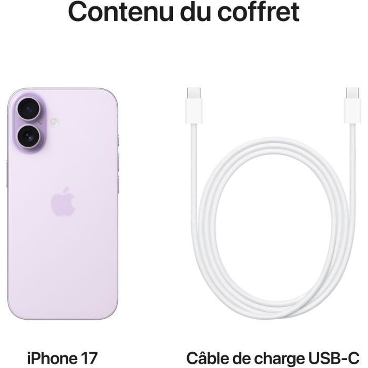 Jasnofioletowy iPhone 17 i biały kabel ładujący USB-C.