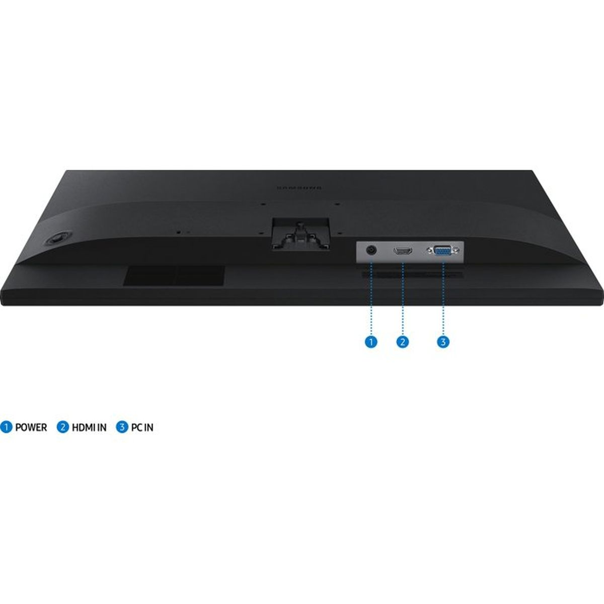 Tył czarnego monitora z portami zasilania, HDMI i VGA.