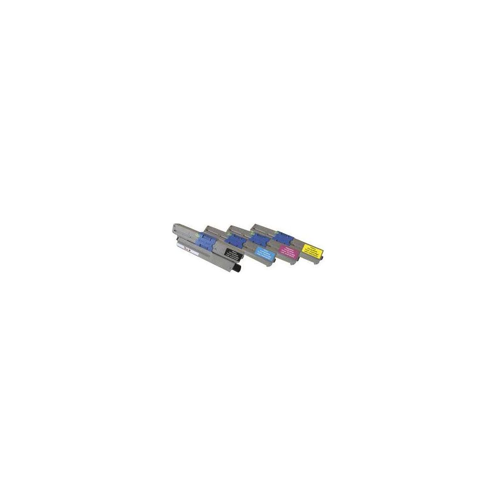 Quattro cartucce toner grigie, blu, azzurro e gialle allineate.