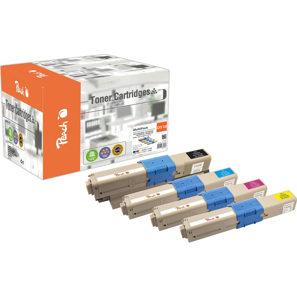 Confezione multipla di toner Peach con quattro cartucce: blu, magenta, giallo e nero.