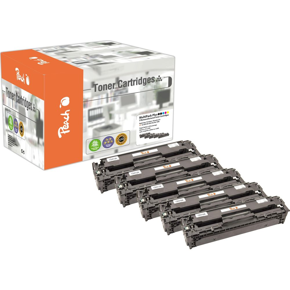 Pudełko kasetek z tonerem Peach i pięć pojedynczych czarnych kasetek z tonerem.