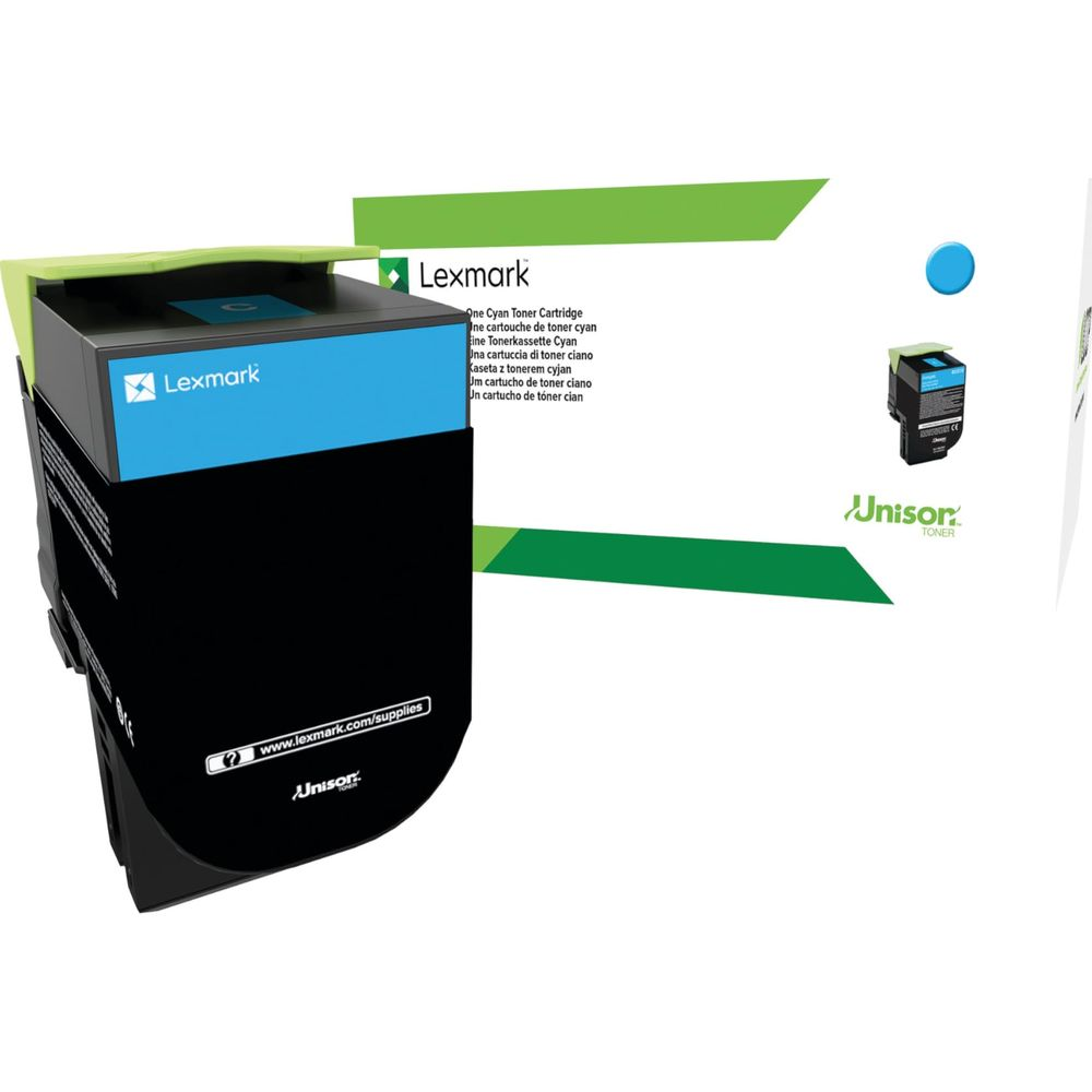 Lexmark Cyan-Tonerkartusche mit Lexmark-Logo und Website auf Verpackung.